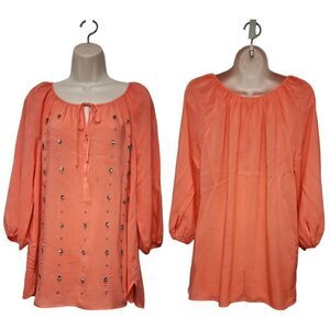 JCP JPPenny Round Neck Semi-Sheer Embellished Long Balloon Sleeve Color Pink